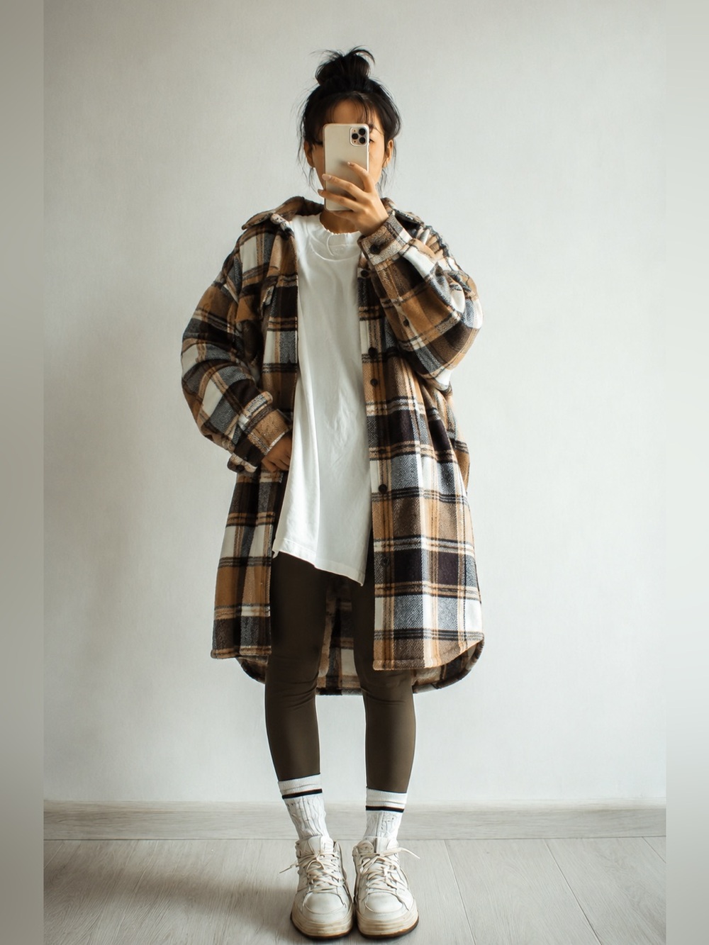 Plaid Oversized Longline Shacket Coat Neutral Brown Black Cream Oversized